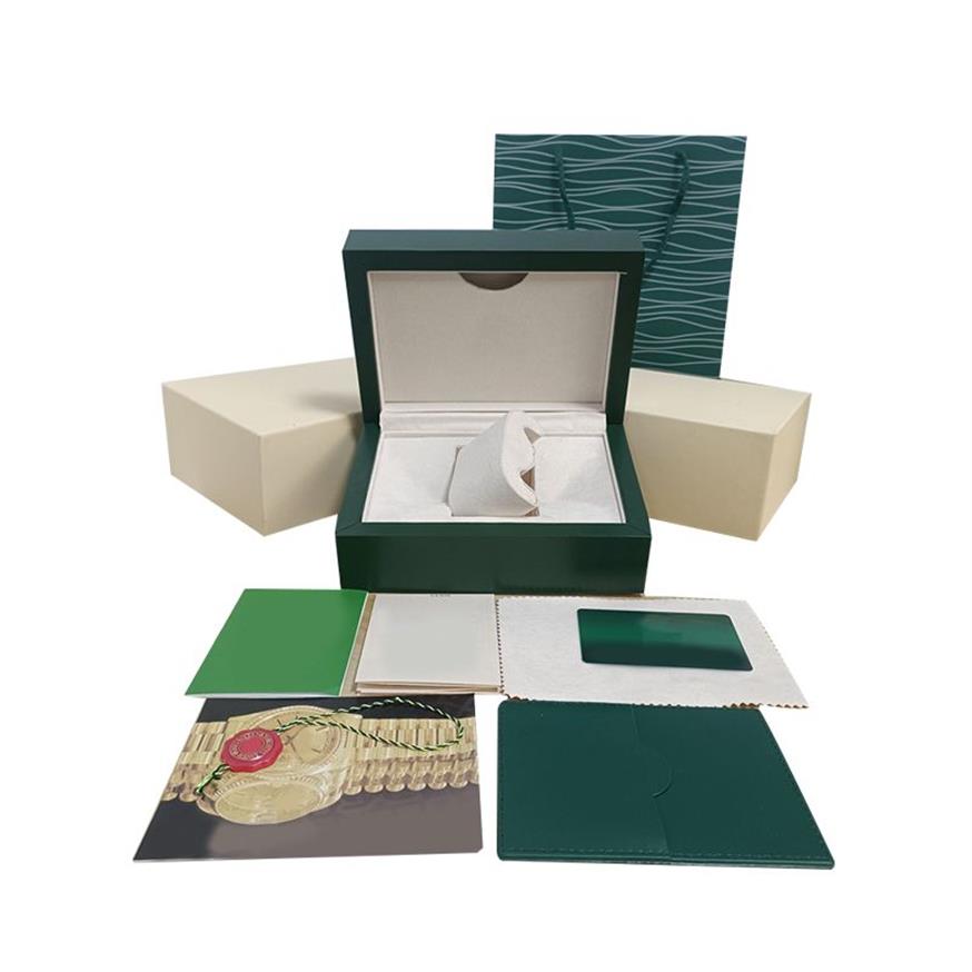 Caixas de qualidade de designer Dark Green DATE Watch Dhgates Box Luxury Gift Woody Case para relógios Yacht Watch Booklet Card Tags e Swis2119