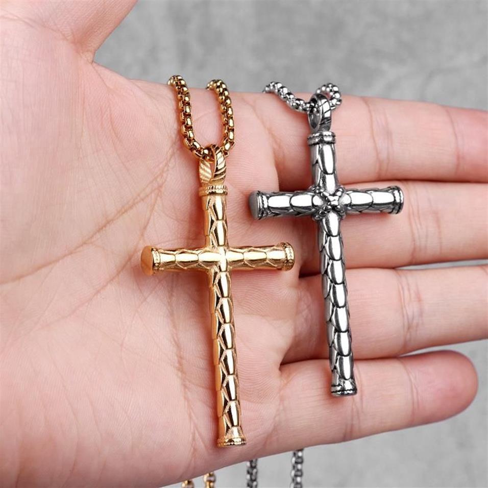 Dragon Scale Gold Cross Long Men Necklace Pendants Chain for Boyfriend Male Stainless Steel Jewelry Creativity Gift Whole1296K