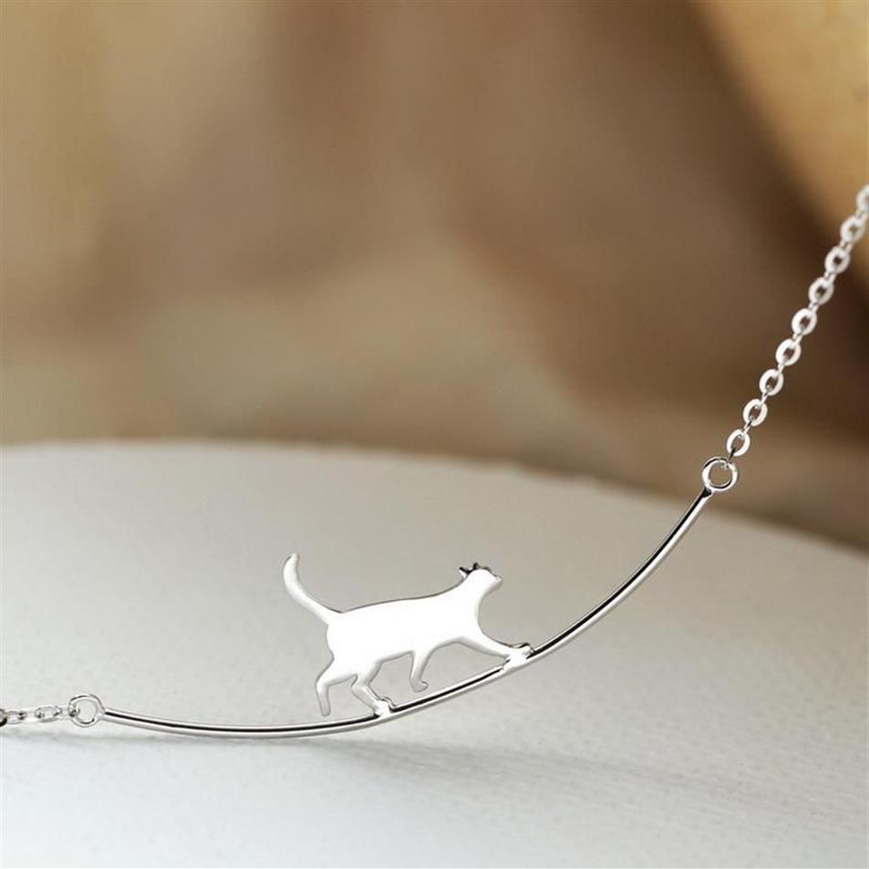 Pendant Necklaces Fashion Walking Cat Curved Cute Animal Necklace For Women Simple Silver Color Clavicle Chain Jewelry2555