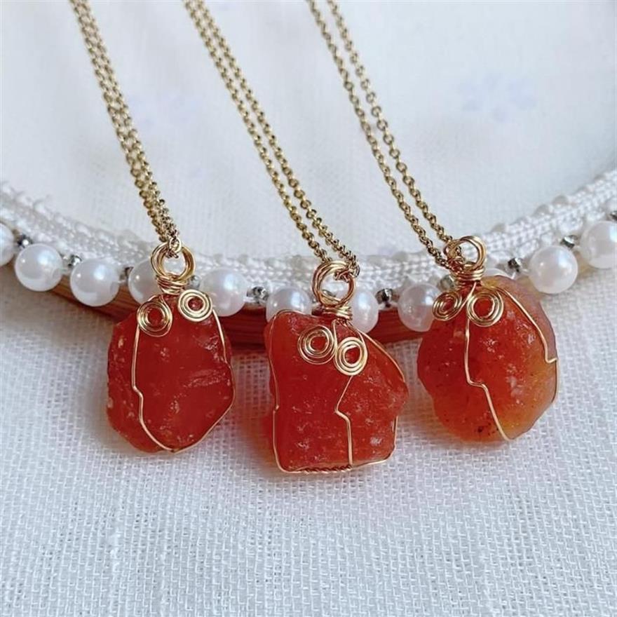Ожерелья с подвесками 15-20 мм, маленькое ожерелье из натурального камня, стальная цепочка, проволочная обмотка, необработанные красные агаты, сердолик, кристалл, женский Femme262S