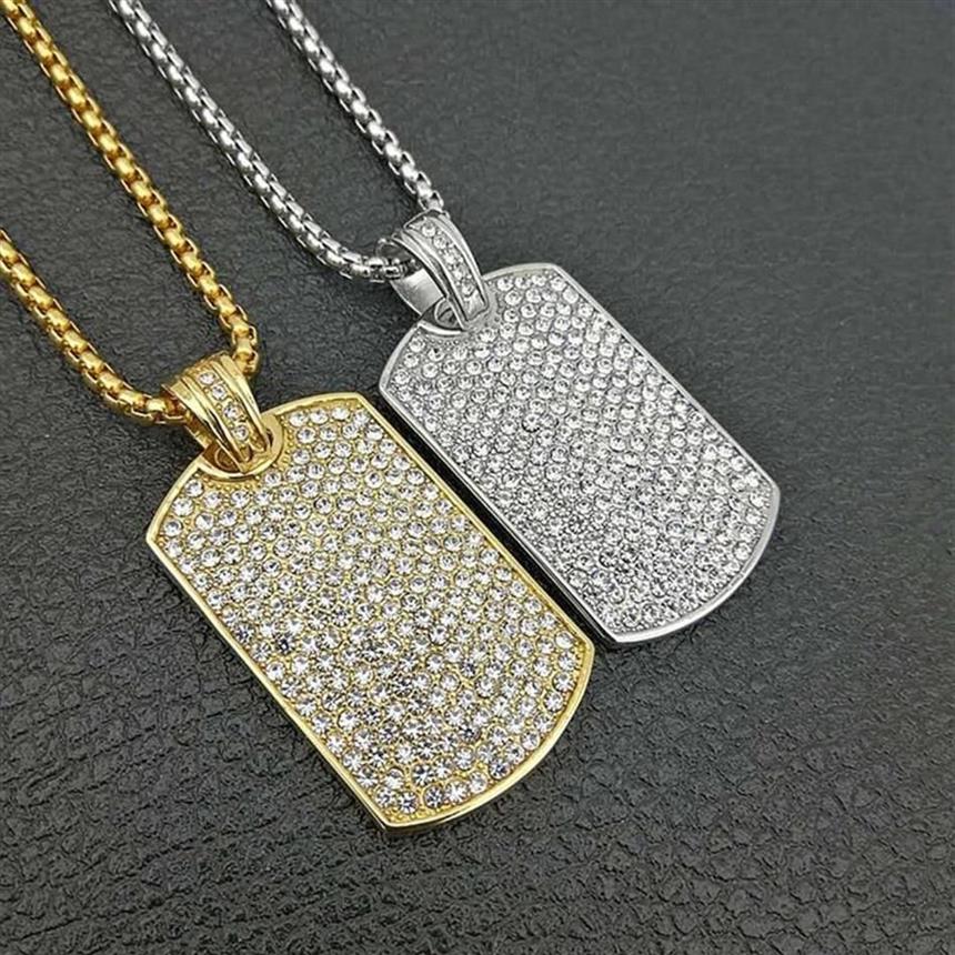 Anhänger Halsketten Edelstahl Geometrische Quadrat Dog Tag Halskette Voller Strass Gepflastert Bling Iced Out Männer Hip Hop Rapper Jewelr295N