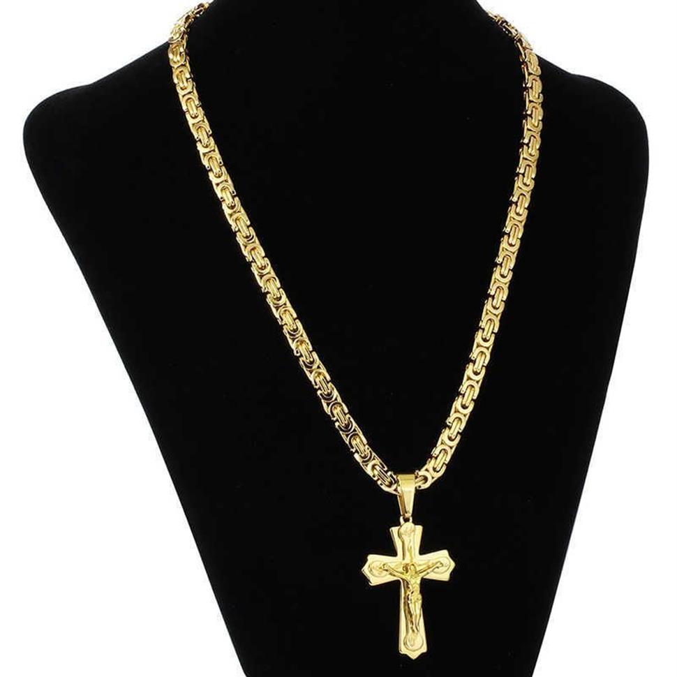 Religiös Jesus Cross -halsband för män Guld i rostfritt stål Crucifix -hänge med kedjans manliga smycken gåva 210721315i