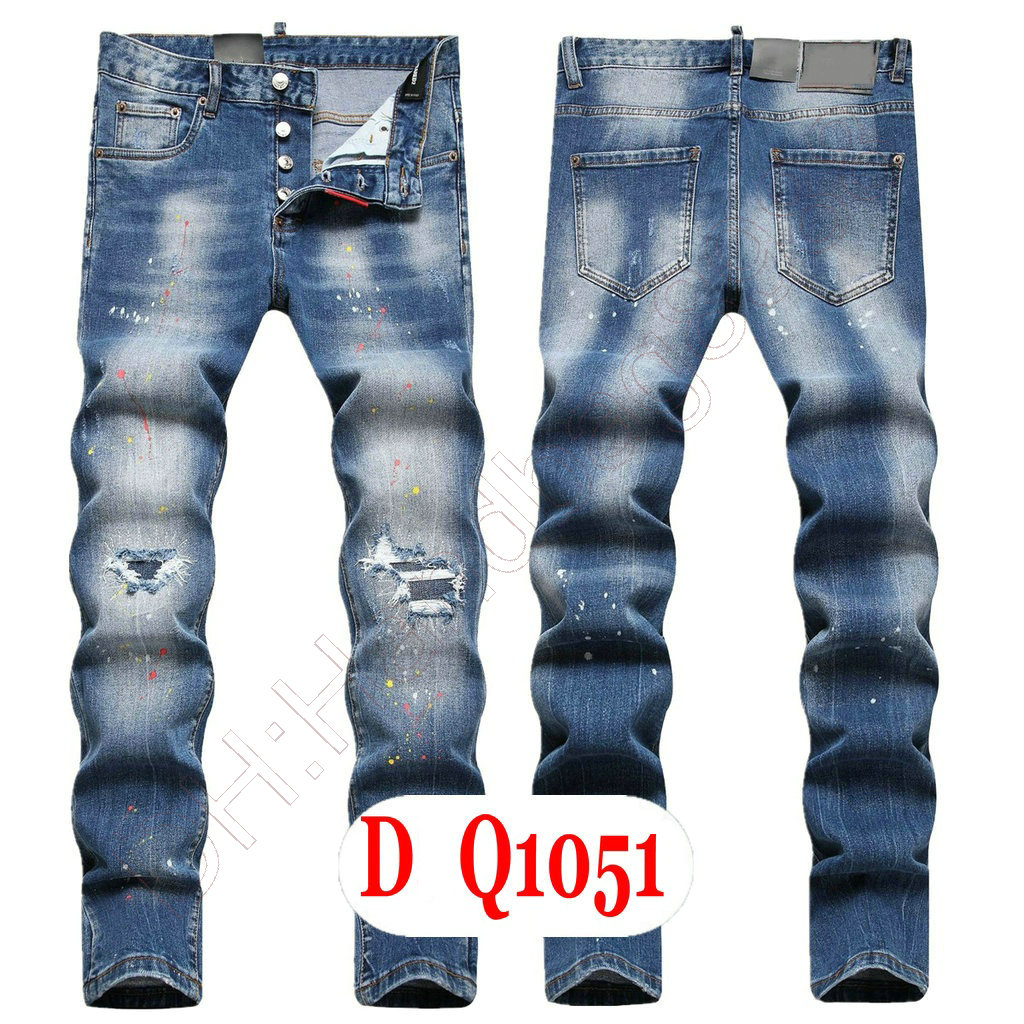 Мужские джинсы Роскошные итальянские дизайнерские джинсовые джинсы Мужские брюки с вышивкой DQ21050 Модные брюки с отверстиями для износа и брызгами чернил Брюки для езды на мотоцикле Одежда US28-42 / EU44-58