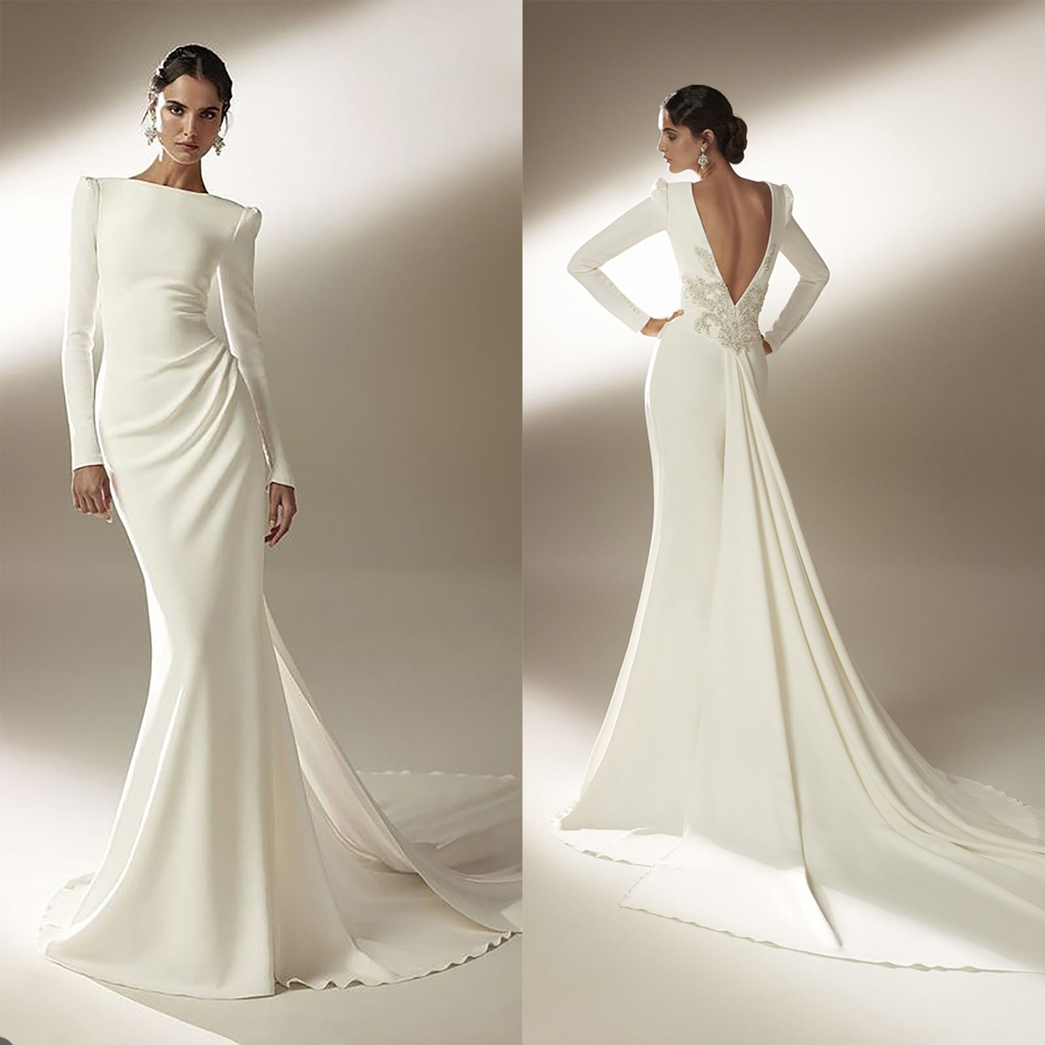 Modern Satin Mermaid Wedding Dresses New Long Sleeve Backless Bridal Gowns Beads Applique Brush Train Robes De Vestido Size Customized H24072