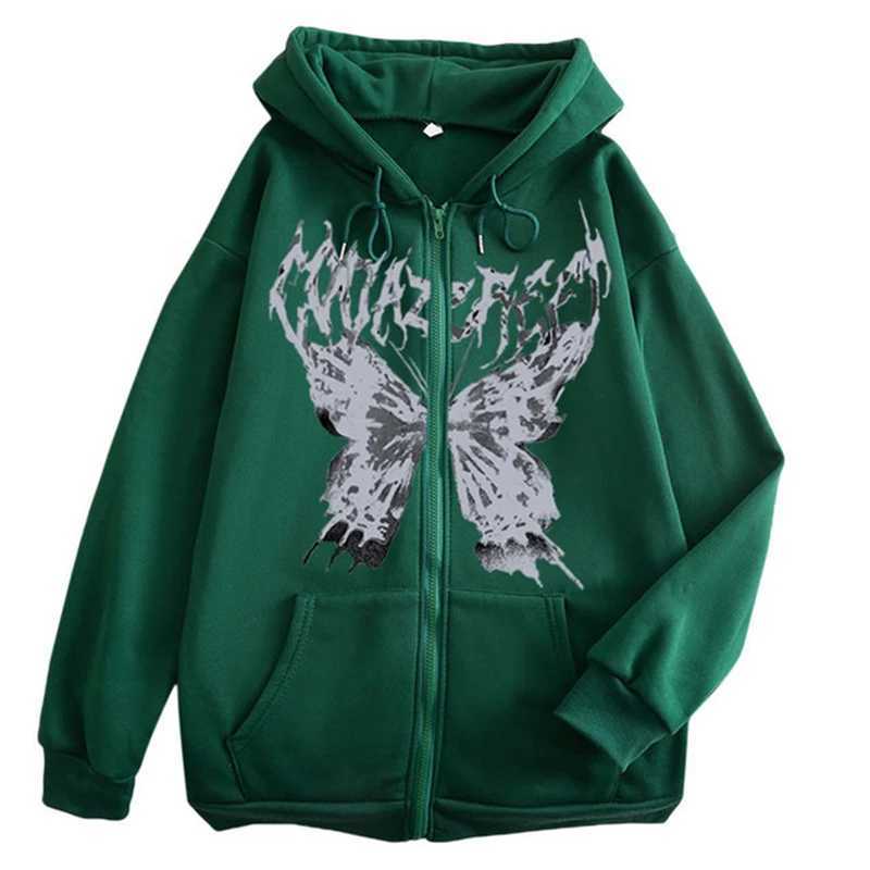 Sweatshirts Butterfly Gothic Ins Y2K Zipper Women's Hoodies Sweatshirt Loose Oversized Harajuk Punk High Street Streetwear