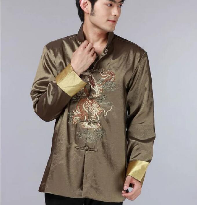Hurtowy nowy chiński styl męski jedwabny satynowy haft haftowany smok tang garnitur swobodny płaszcz z długim rękawem Slim Tacets Rozmiar S-xxxl