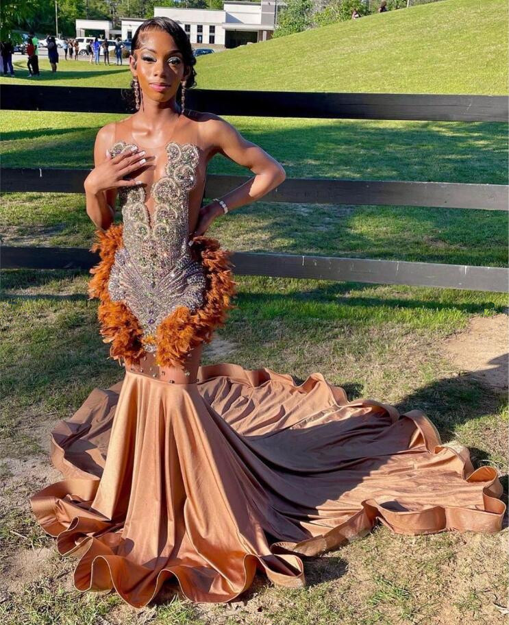 Robe de soirée sirène marron Orange pour femmes, tenue de bal de luxe, diamant, cristal, plumes, 2024