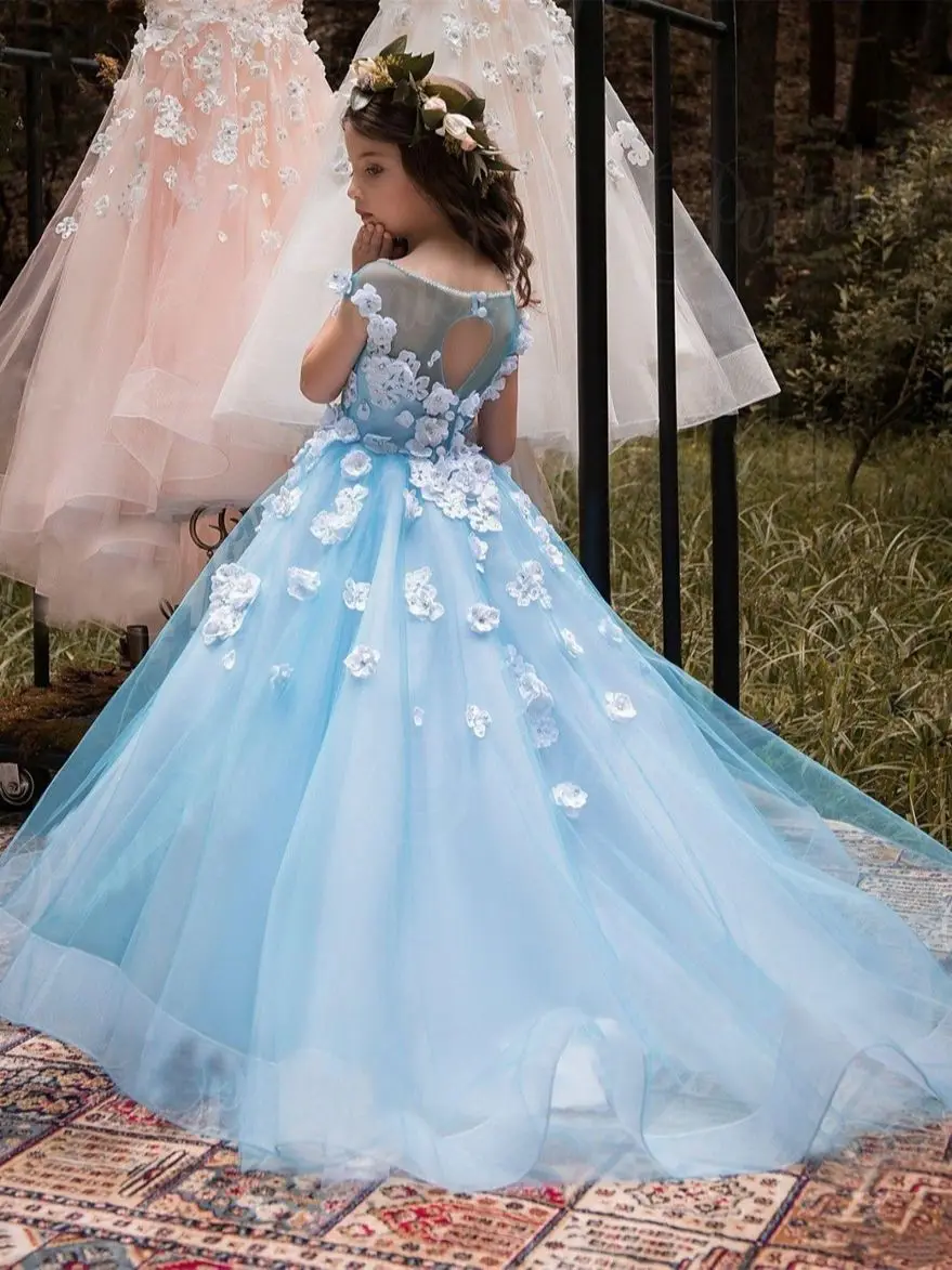 Abiti da ragazza di fiori blu lunghi vintage con collo gioiello in tulle senza maniche con fiori 3D, abito da ballo, lunghezza del pavimento, realizzato su misura la festa di nozze