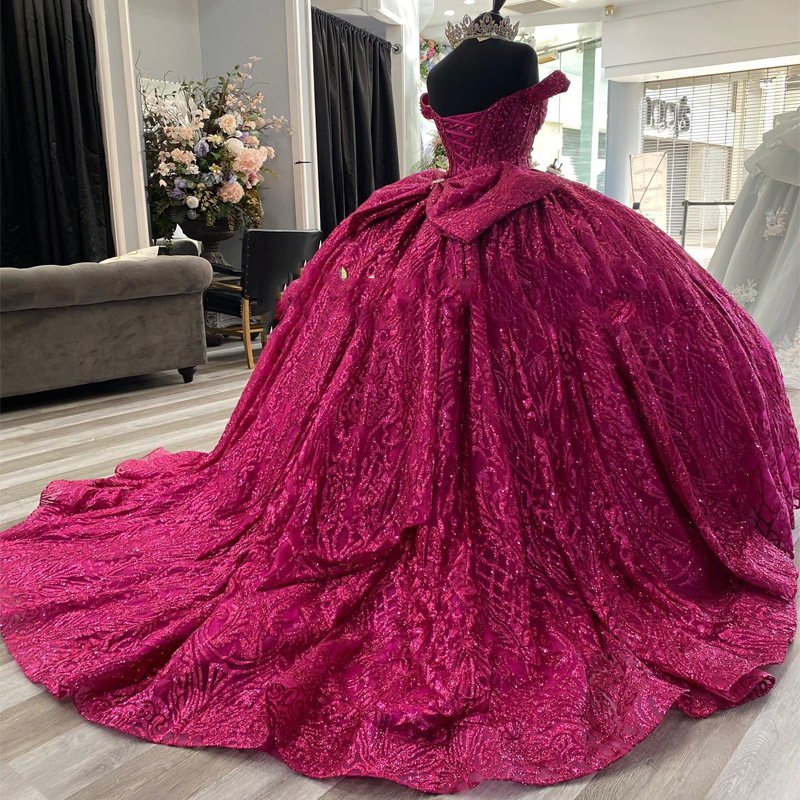 Luxury Shiny Sweetheart Quinceanera Dress Lace Beads With Back Bow 2024 Party Gown Princess Off The Shoulder For 16 Years