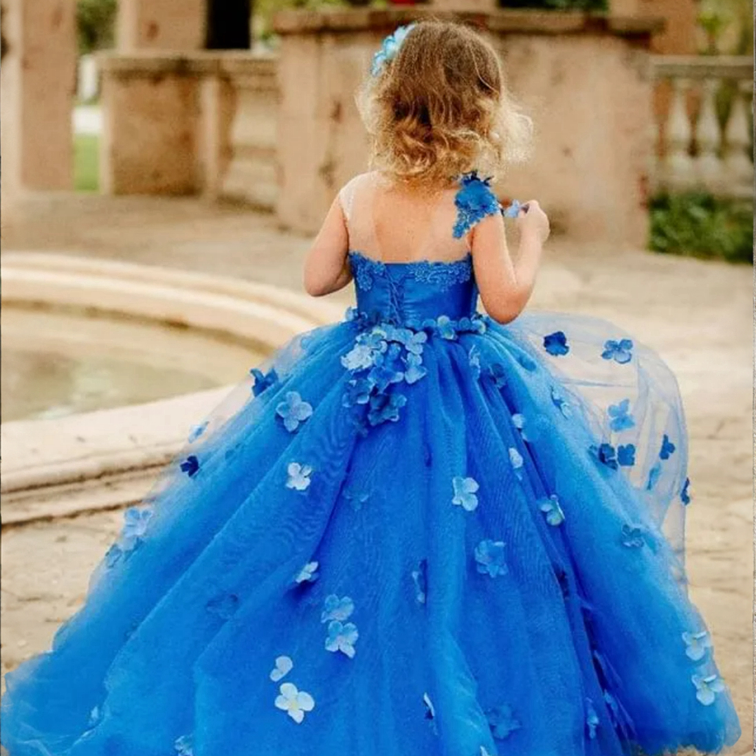 Blue Flower Girl Dresses Jewel Hand Made Flowers Princess Queen Communion Dress Tiered Tulle Kids First Birthday Daughter and Mother Dresses Marriage Gowns F032