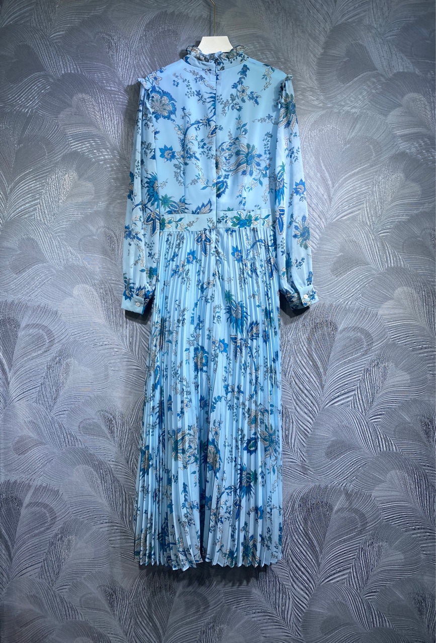 Robe longue à panneaux imprimé Floral, bleue, manches longues, col montant, Maxi, décontractée, printemps 2024, A3J121438