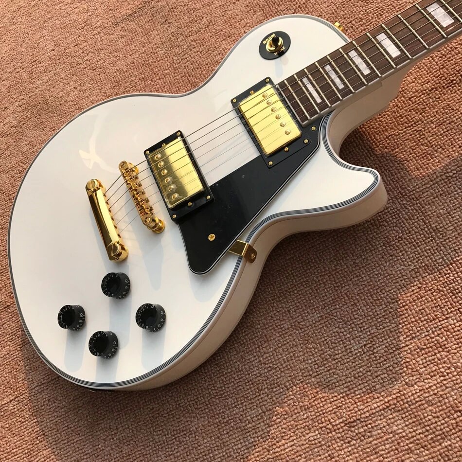 Högklassig anpassad stil One Piece Neck Chibson Electric Guitar White Solid Body With Neck Gold Hardware