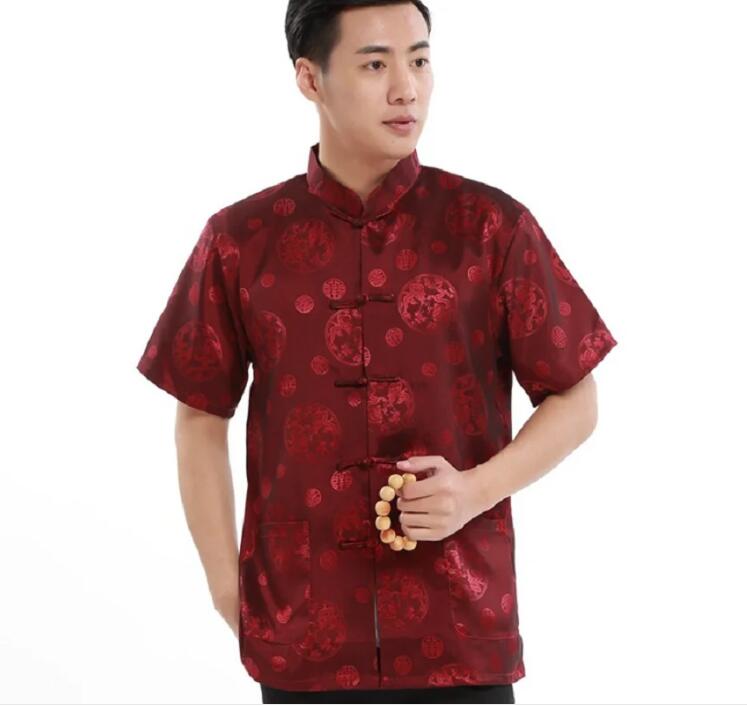 Wholesale Chinese Style Men High Quality Satin Short Sleeved Shirt Embroidered Dragon Tang Clothing Casual Kung Fu Tops Shirts