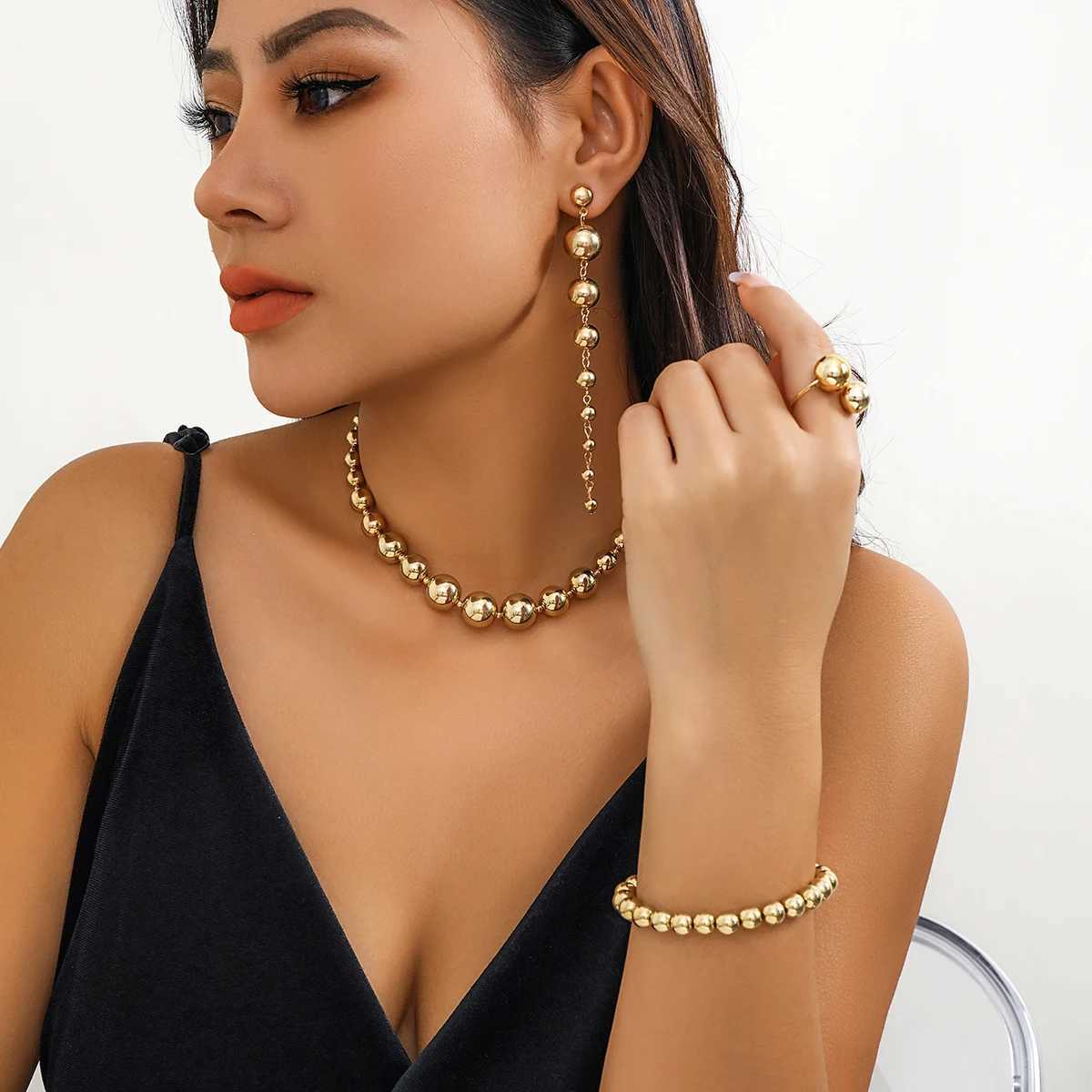 Chokers IngeSight.Z Punk Big CCB Ball Beads Earring Ring Bracelet Necklace for Women Exaggerated Gold Color Jewelry Sets Gifts