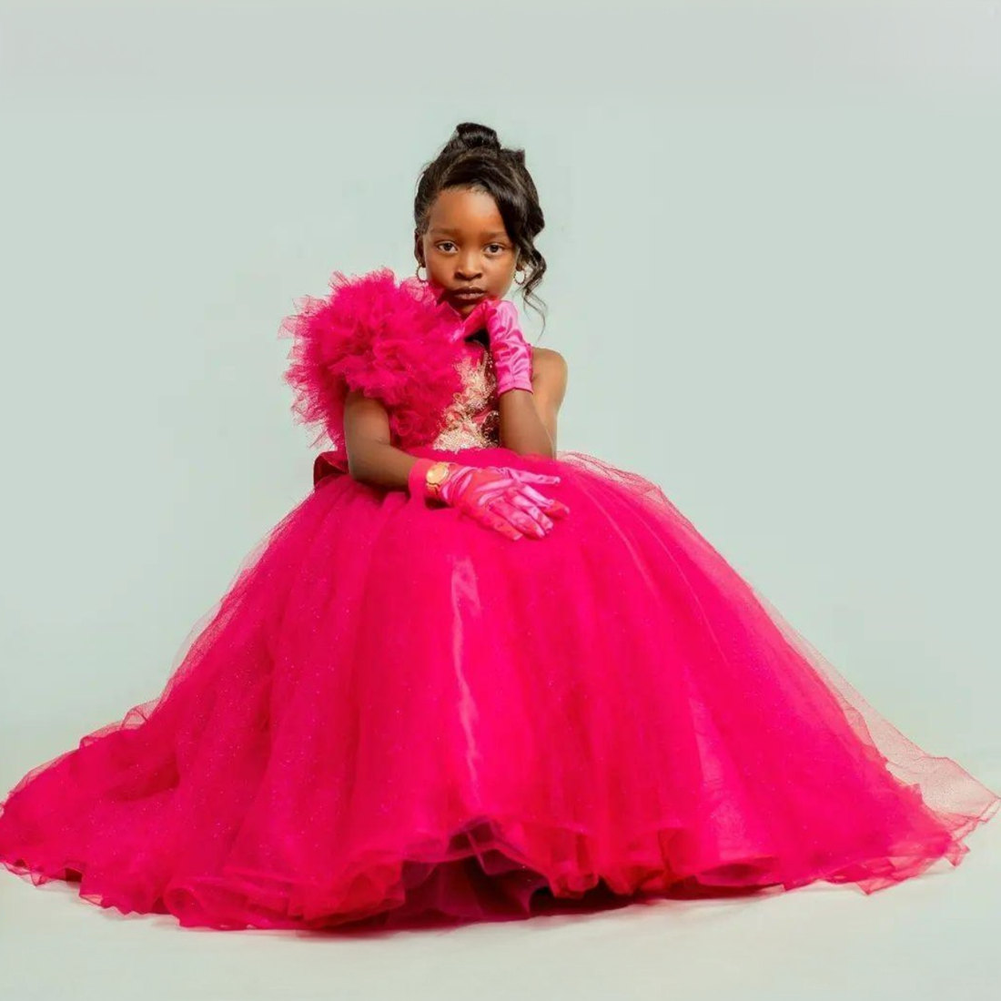 Hot Pink Flower Girl Dresses Sheer Neck Tiered Tulle Ball Gowns Flowergirl Dress Princess Beaded First Birthday Party Dresses Daughter and Mother Dresses NF004