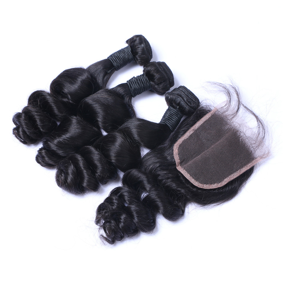 Onda solta brasileira cabelo virgem humano 3 pacotes com fechamento de renda 4x4 nós descorados 100 g/pc cor preta natural 1b extensões de cabelo de trama dupla