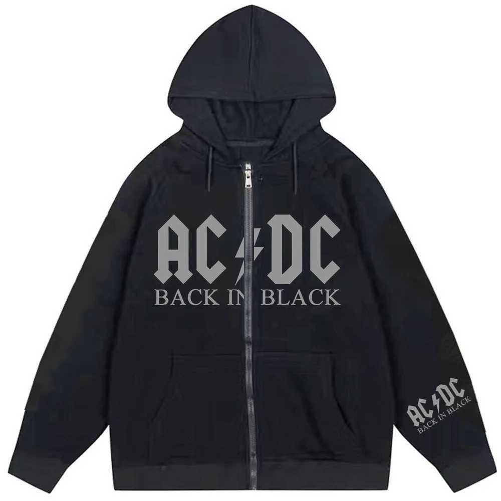 スウェットシャツINS HIGH STREET AC DC Y2Kユニセックスインナーフリースパーカースウェットシャツジップアップ特大のメンズレディースストリートウェアコートトップ