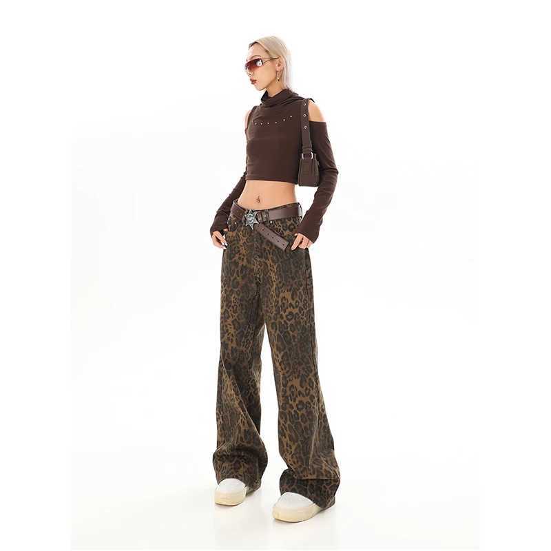 Damesjeans Bruine damesjeans Luipaardprint Retro Rechte buis Wijde broek Mode Straatmode Y2K Jeans Nieuwe winterlegging