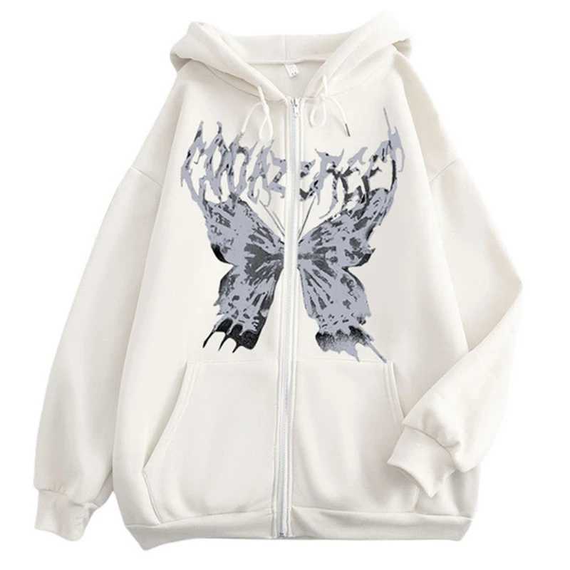Sweatshirts Butterfly Gothic Ins Y2K Zipper Women's Hoodies Sweatshirt Loose Oversized Harajuk Punk High Street Streetwear