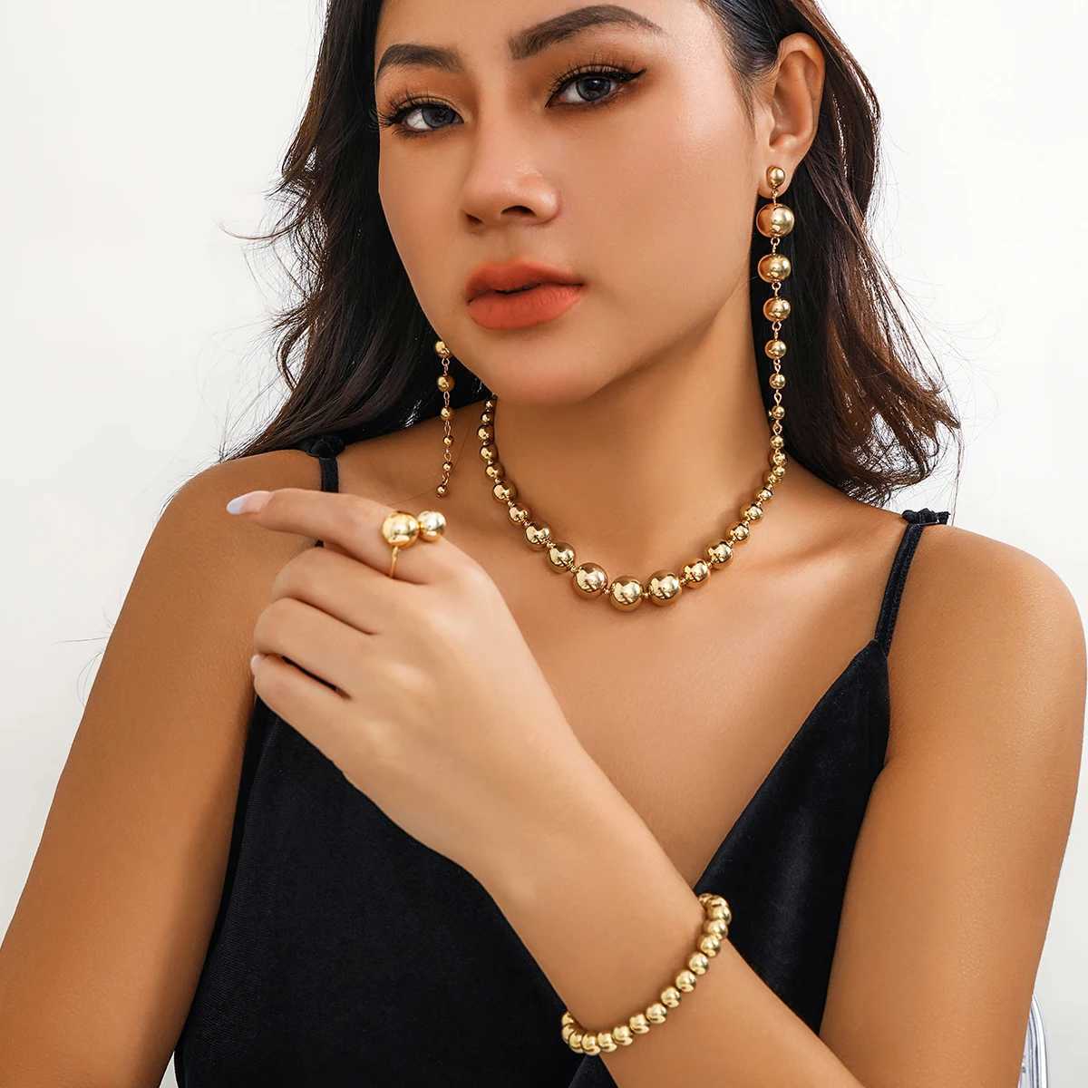 Chokers IngeSight.Z Punk Big CCB Ball Beads Earring Ring Bracelet Necklace for Women Exaggerated Gold Color Jewelry Sets Gifts