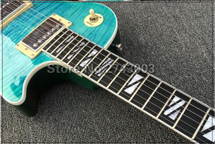 Tienda personalizada de Guitarra eléctrica, bloque superior de arce flameado azul, incrustaciones divididas, diapasón de palisandro, Hardware cromado, Guitarra de alta calidad