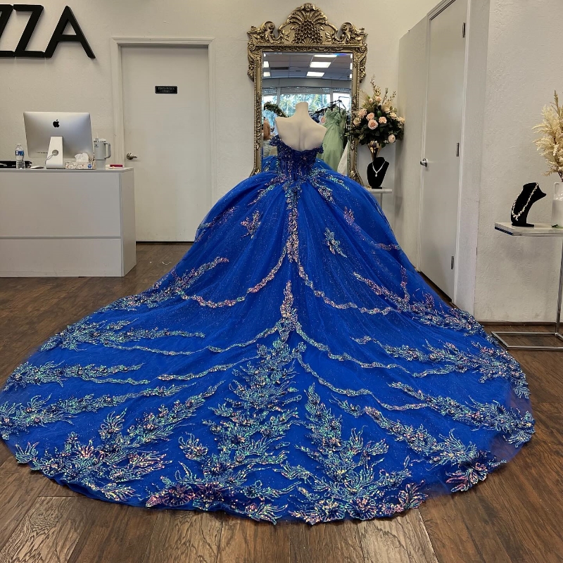 Blauw Glanzend Quinceanera Jurken voor Sweet 15 Jaar Sexy Uit de Schouder Puffy Baljurk Kant Applicaties Kralen Prinses Jurken