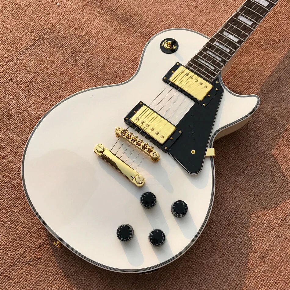 Guitare électrique Chibson à manche monobloc de haute qualité, corps solide blanc avec matériel en or