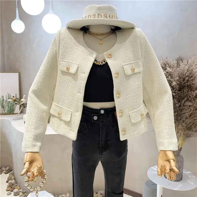 Women`s Top Jackets New Spring&Autumn Tweed Jacket Coat Fashion Golden Button Woolen Black Short Outerwear