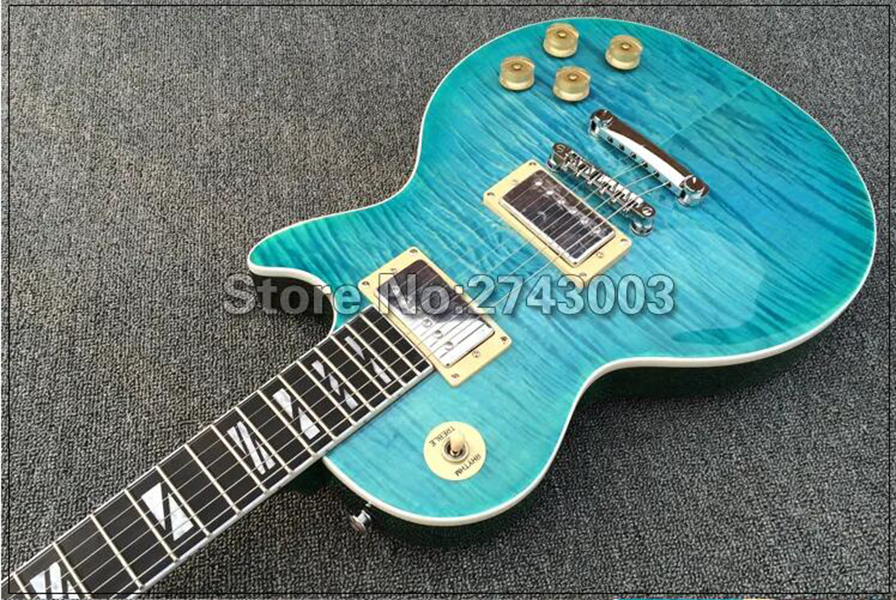 Loja personalizada de guitarra elétrica, chama azul, bloco superior de bordo, incrustações divididas, placa de dedo de madeira jacarandá, hardware cromado de alta qualidade