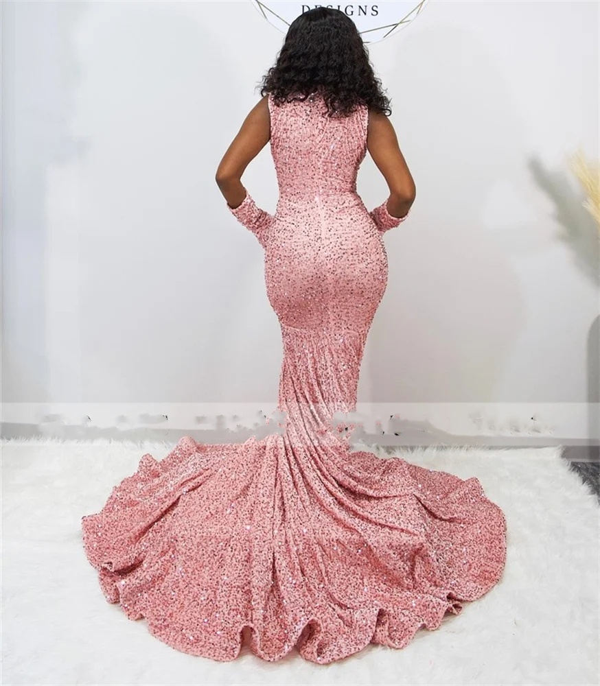 Pink Sequins Memraid Prom Gowns For Black Girls 2024 Sparkly With Golves Beaded Crystal Birthday Party Dresses Evening Dress
