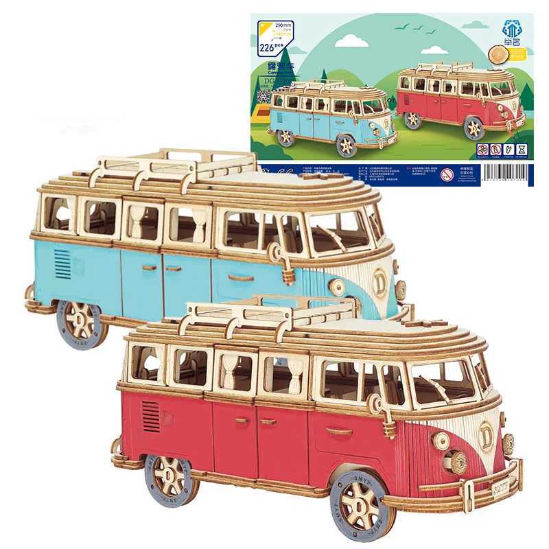 Puzzle 3D Retro Bus Camper in stile europeo 3D Auto in legno Puzzle DIY Nave a vela Aereo Costruzione Modello di casa Puzzle Giocattoli bambini