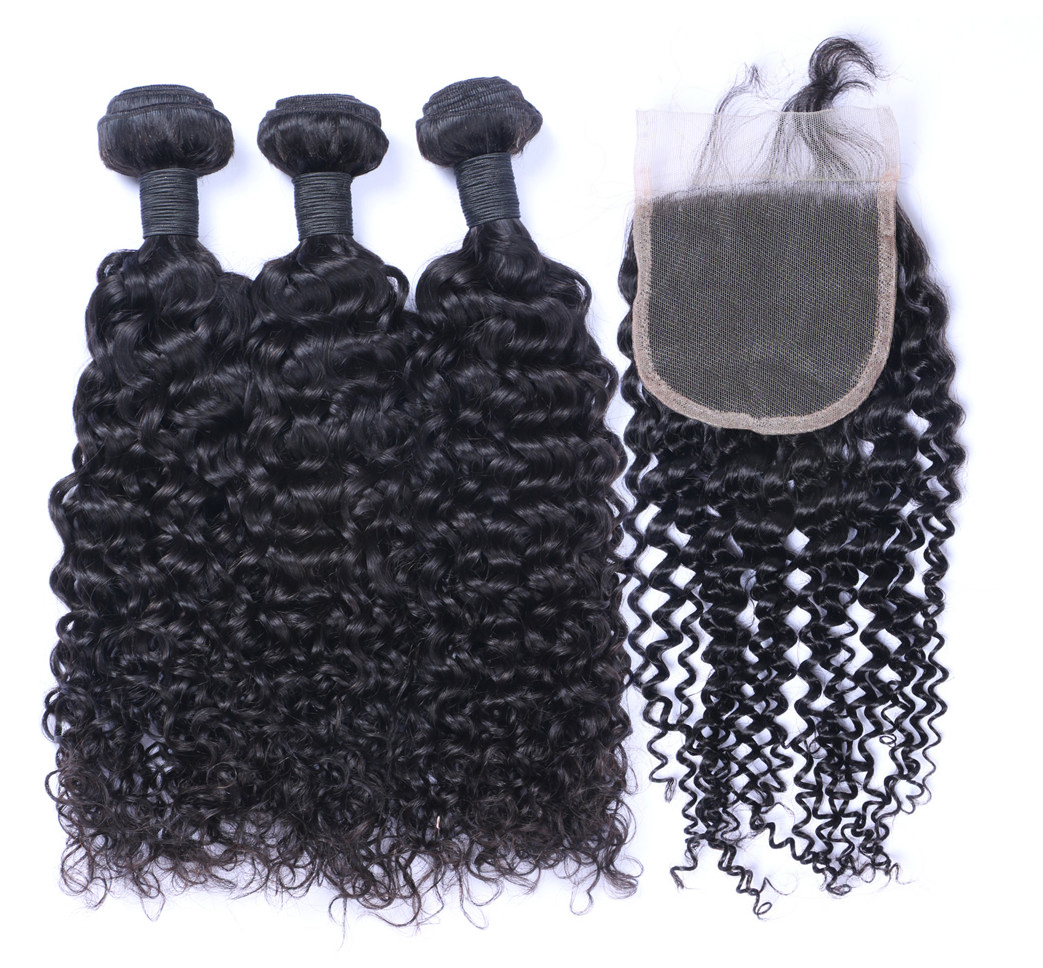 Cheveux brésiliens vierges bouclés Jerry 3 paquets avec fermeture en dentelle 4x4 noeuds blanchis 100 g/pièce couleur noire naturelle 1B doubles trames extensions de cheveux