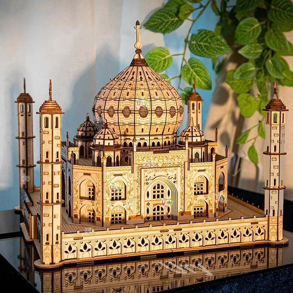 3D Puzzels 3D Houten Puzzel Huis Koninklijk Kasteel Taj Mahal Met Licht Montage Speelgoed Voor Kinderen Volwassen DIY Model Kits Bureau Decoratie voor Geschenken