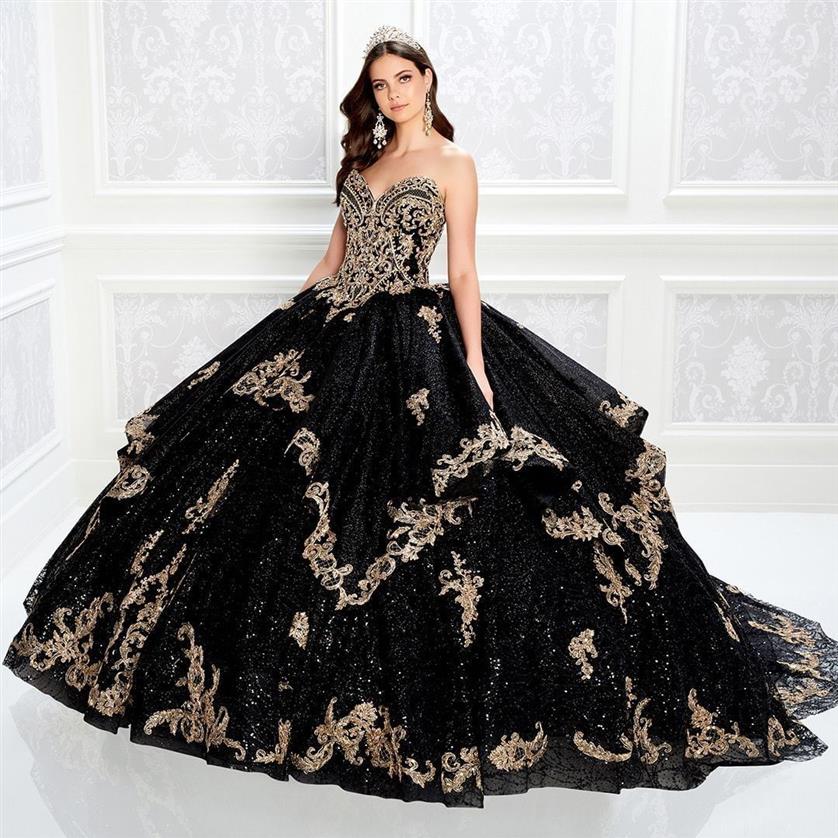 Glänzendes schwarzes, mit Perlen verziertes Ballkleid Quinceanera-Kleider, herzförmiger Ausschnitt, Spitze, applizierte Ballkleider, Pailletten, Sweep-Zug, Tüll, Sweet 15 D278J