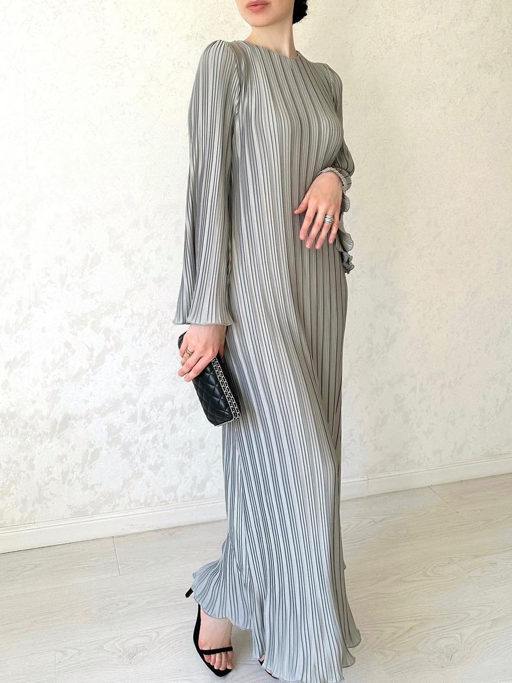 Western Style Mizaç Pileli Çan Kılıf Orta Uzunluk Elbise Moda 2024 Yeni Sonbahar Uzun Etek Yeni Yıl Hediyesi 2401172