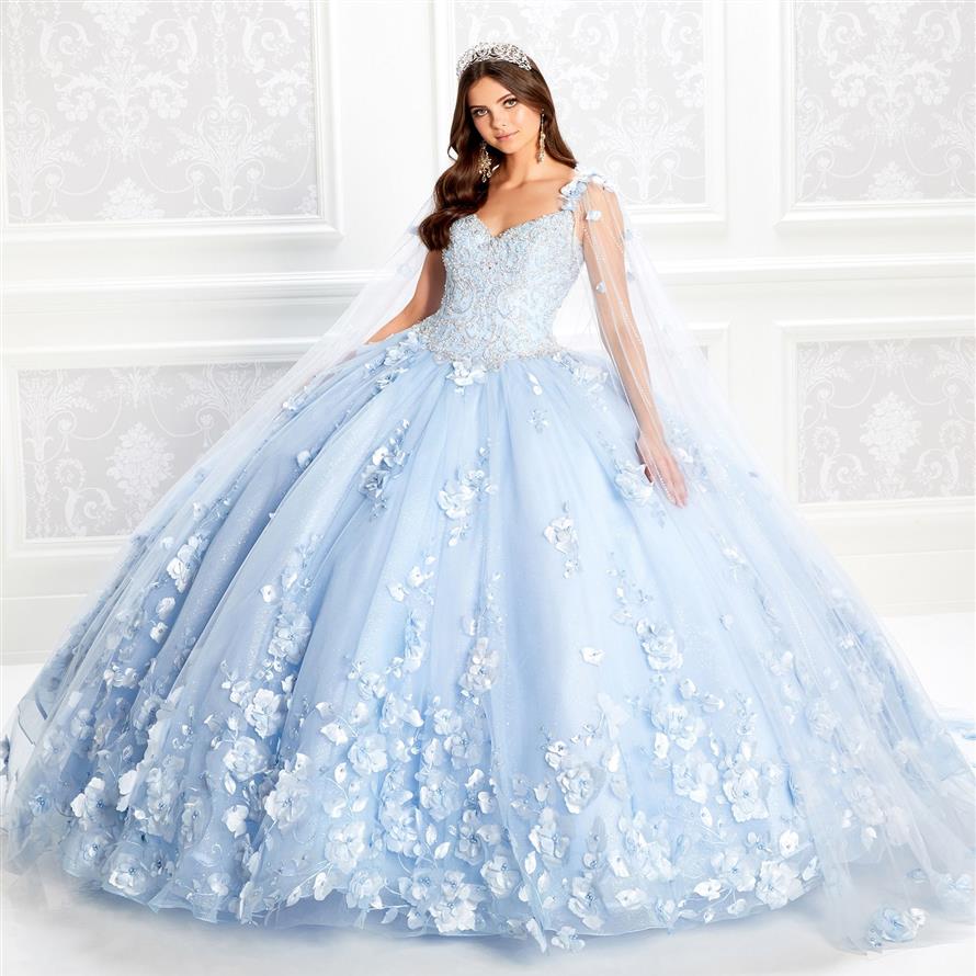 Hellblaues Ballkleid Quinceanera-Kleider mit Wickel-V-Ausschnitt, Blumenapplikationen, Perlen, Sweet-16-Kleid, Sweep-Zug, Maskerade-Abschlussballkleider319c