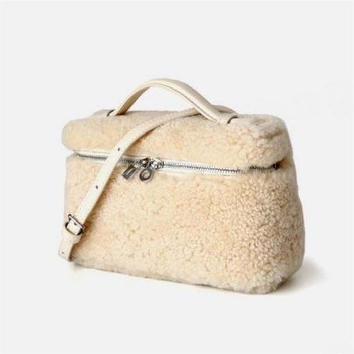 LP L19 Bolsa para lonchera: otoño/invierno elegante, auténtica lana de cordero, lujosa mini bolsa de mano peluda para mujer Bolsa para lonchera, pequeña bolsa cuadrada de lujo beige