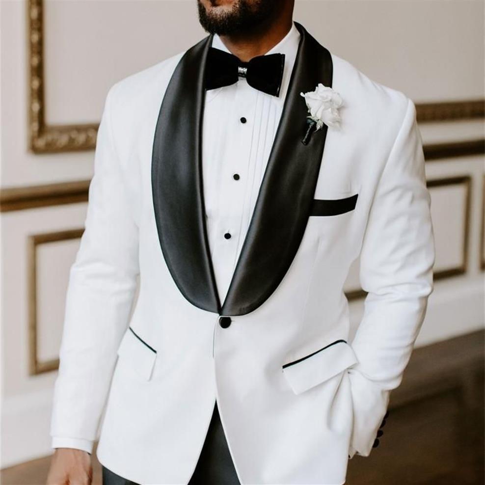 Costumes de mariage blancs et noirs Prom Party Tenue de soirée Costumes pour garçons d'honneur Châle Revers Tuxedos de marié 2 pièces Costumes pour hommes veste pantalon bo203b