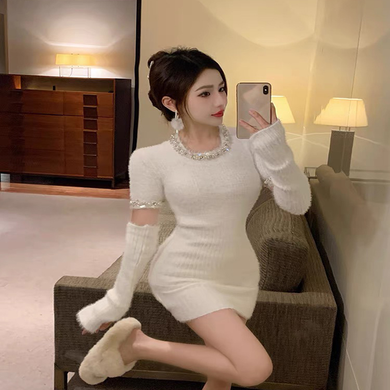 Designer Women's Dresses Knitted Fabrics Sexy Fashion Ballet Princess Style Knitted Handmade Pearl Chain Dresses