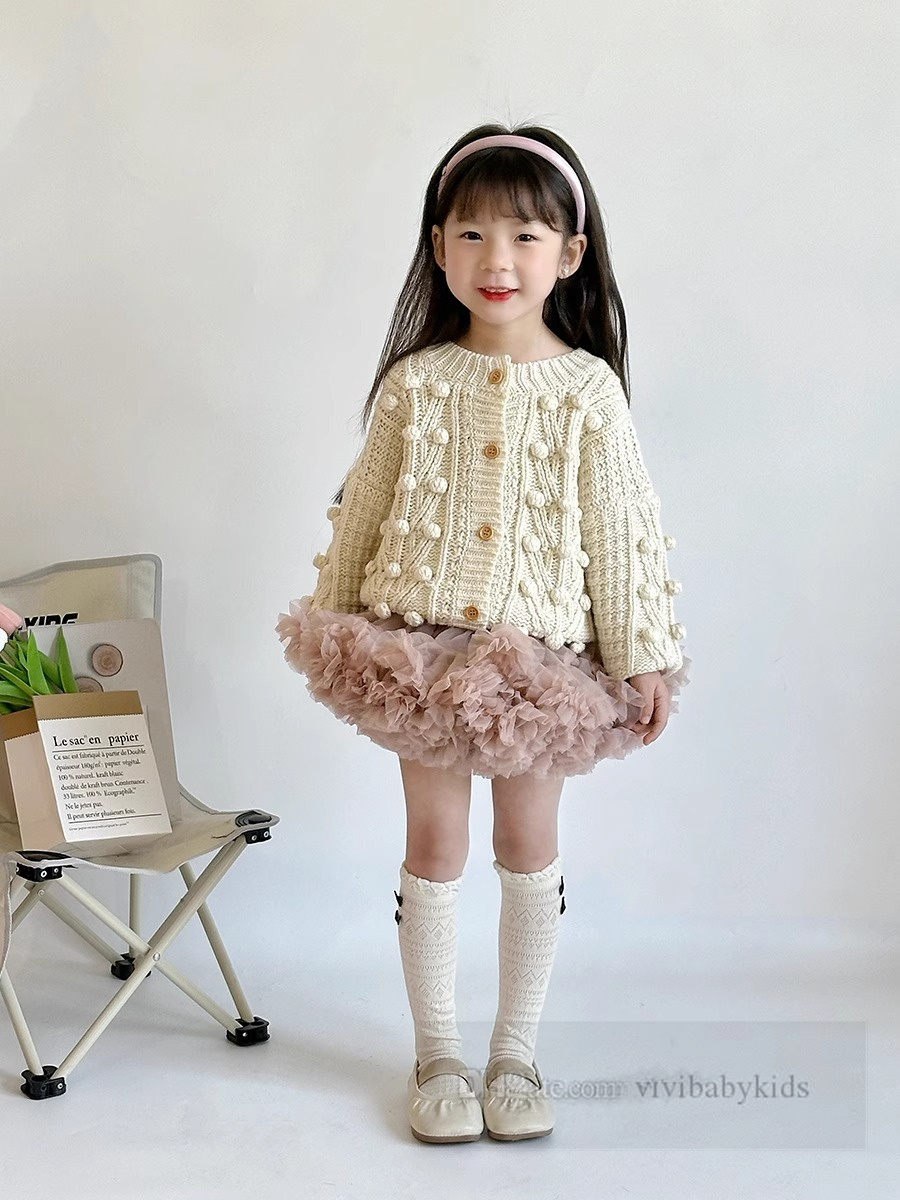 Girls pompons applique knitted cardigan kids long sleeve sweater outwear 2024 spring children elastic waist lace tulle tutu skirt Z6774