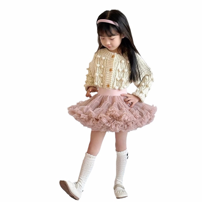 Girls pompons applique knitted cardigan kids long sleeve sweater outwear 2024 spring children elastic waist lace tulle tutu skirt Z6774