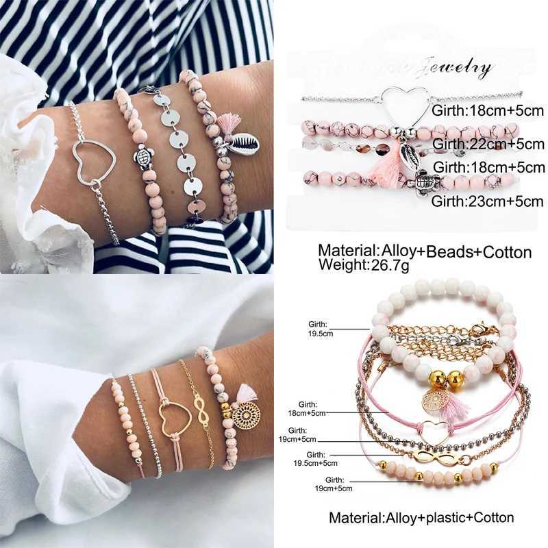 Pulseras con dijes, nuevo diseño, pulseras estilo bohemio Vintage para mujer, conjunto de concha de luna, corazón, tortuga, abalorios, cadenas, brazalete para mujer, joyería bohemia