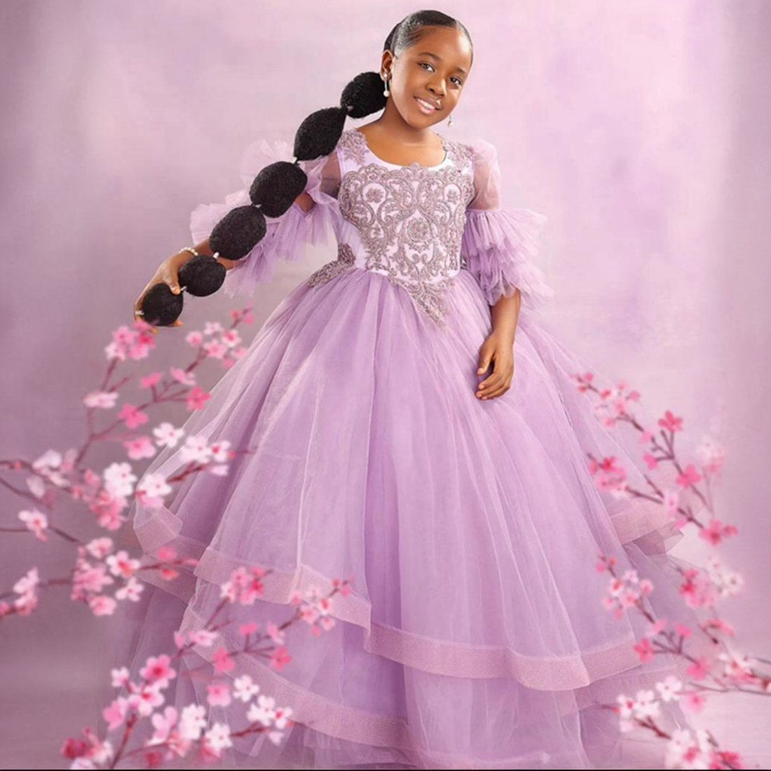 Lavender Flower Girl Dresses Long Sleeves Tiered Tulle Rehinestones Ball Gown Princess Flowergirl Gowns Little Kids Birthday Party Daughter and Mother Dress CF013