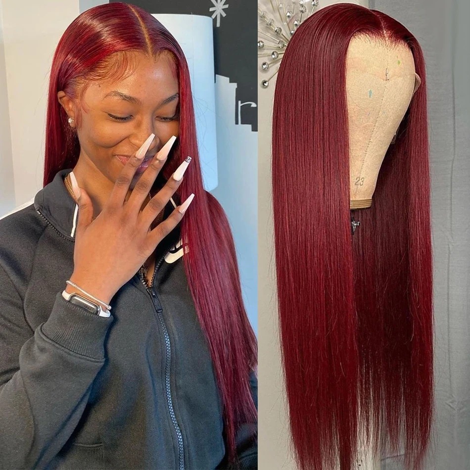 Peruaanse Steil Haar Kant Voor Pruik Menselijk Haar Pruiken 99J Bordeaux Voorgeplukt 13X4 Gekleurde Kant Voor menselijk Haar Pruiken Voor Vrouwen