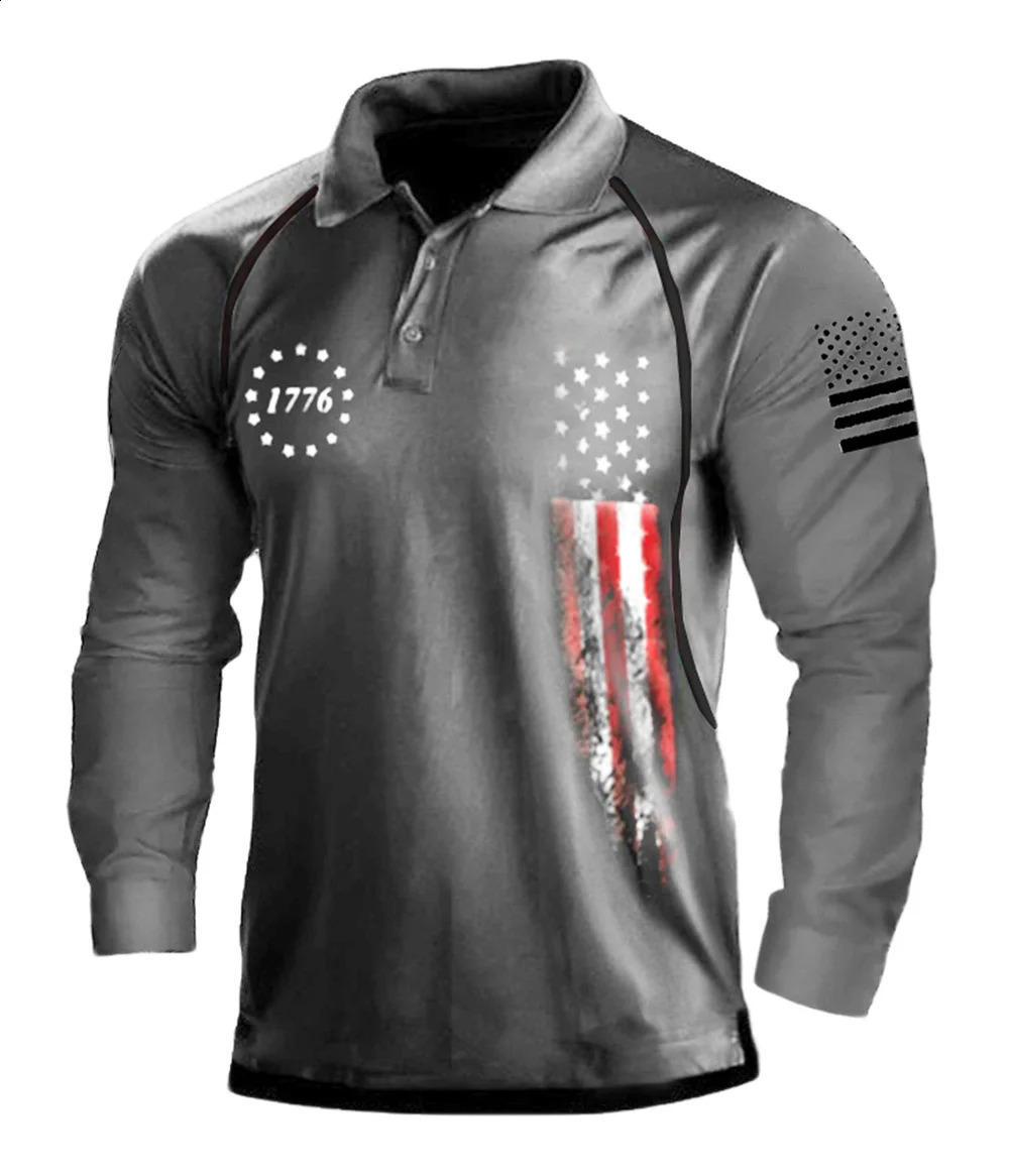 Fashion Spring and Summer Men's Long -Sleeved American Flag 3D Digital After Digital Polo Shirt 240117