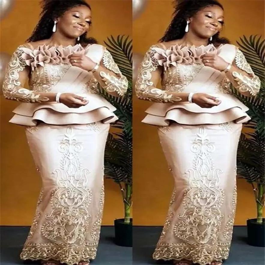 Aso Aso ebi Style Mermaid Dresses 2022 Pink Satin Long Sleeves Lace Plus Plus Size Assial Evening Victors Robe327T