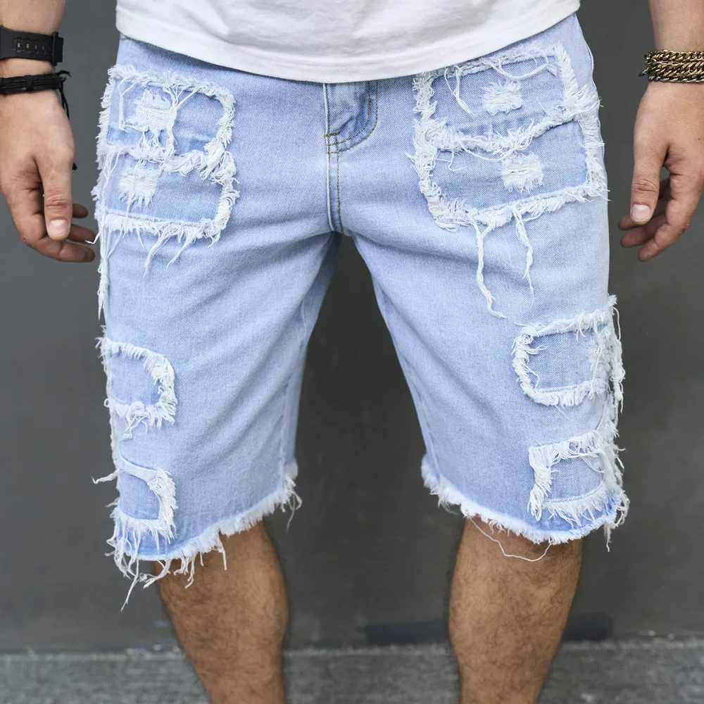 Mäns jeans sommarmens mode tår lapp lapptäcke denim shorts solid rak casual mens strand jeans shortsl2404