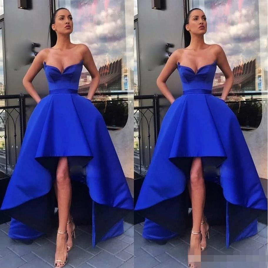 2020 Modeste Bleu Royal Robes De Bal Haut Bas Décolleté En Chérie Satin Une Ligne Graduation Robe De Soirée Occasion Formelle Wear332Y