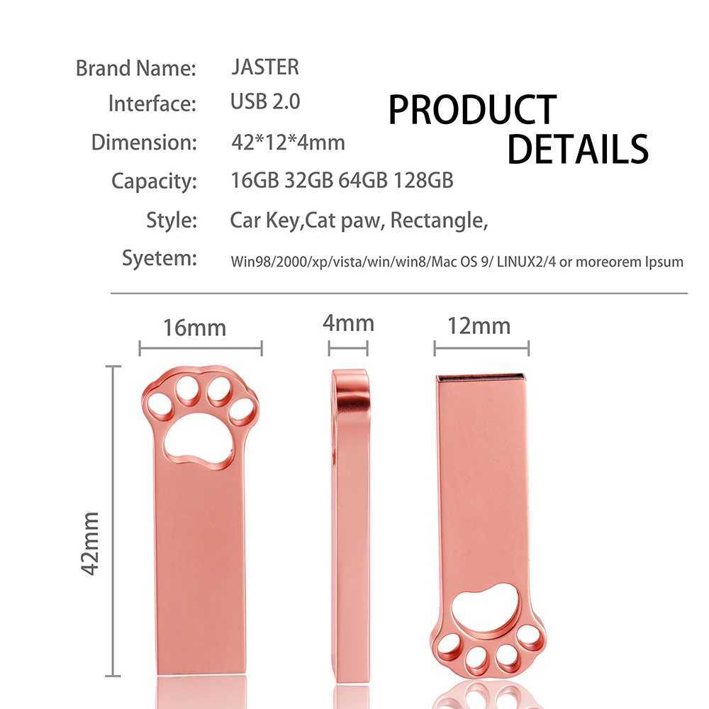 USB Flash Driving Jaster Bear Claw USB Flash Drive 128GB Yaratıcı İş Hediyeleri Kalem Sürücü 64GB Gül Altın Bellek Çubuğu Siyah Metal Pendrive 32GB