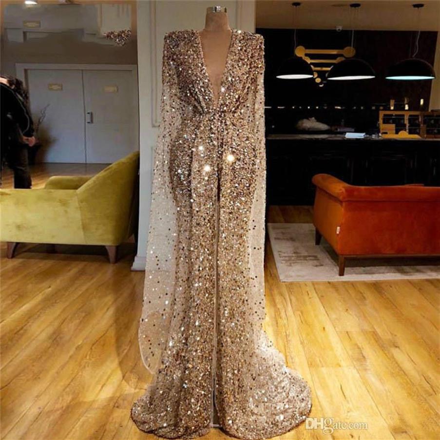 Ouro glitter vestidos de baile árabe dubai lantejoulas contas v pescoço sereia vestidos de noite luxo mangas compridas pageant vestido personalizado made267w